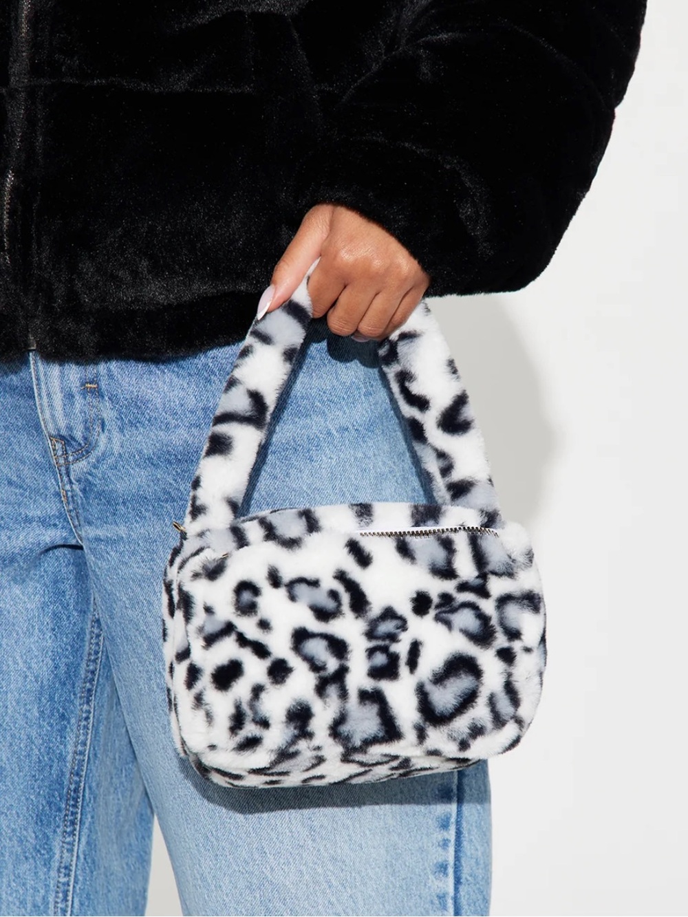 Fashion Nova Black & White Leopard Faux Fur Mini Bag
